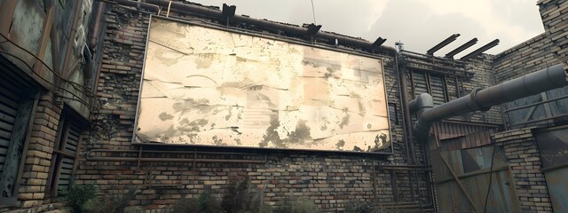 Blank Billboard on Decrepit Warehouse Facade in a Moody NeoNoir Urban Environment