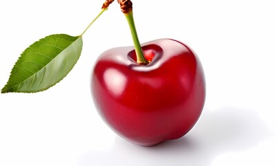 A perfectly ripe red cherry radiating a soft glow placed in striking contrast on white background, Ai Generated