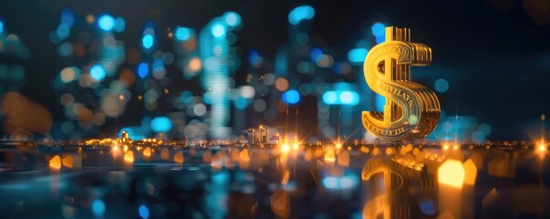 An abstract representation of an investment concept, with a 3D golden dollar sign towering over a miniature cityscape, illuminated by spotlights