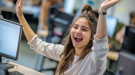 パソコンの前で喜ぶ女子 Happy girl in front of PC