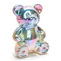 3D pastel iridescent jelly bear with reflective neon accents isolated on white background