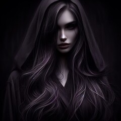 Naklejka premium Stylish woman with dark hair and captivating eyes poses in a hooded fashion portrait