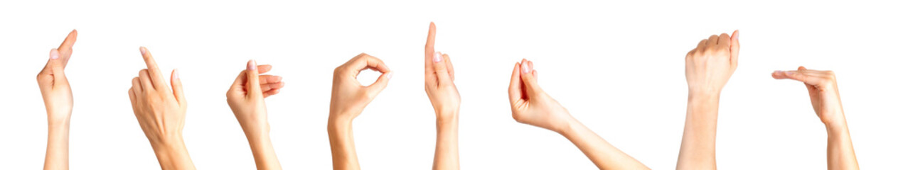 Set of woman hands showing different gestures, pointing and showing signs