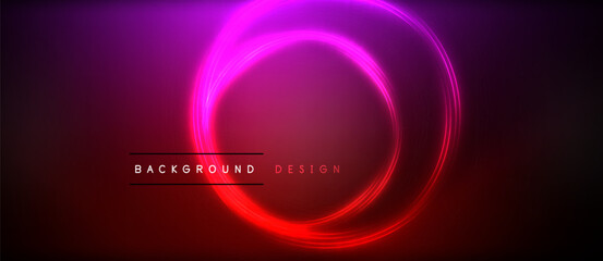 Neon glowing circle rays, light round lines in the dark, planet style neon wave lines. Energetic electric concept design for wallpaper, banner, background