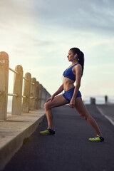 Woman, music and stretching in road with fitness for exercise, getting ready or workout with...