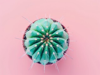 Prickly Beauty: Closeup Capture of a Decorative Green Cactus on Pink Background