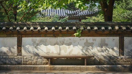A background with a bench with a view of a traditional Korean temple beyond the wall. Generative AI