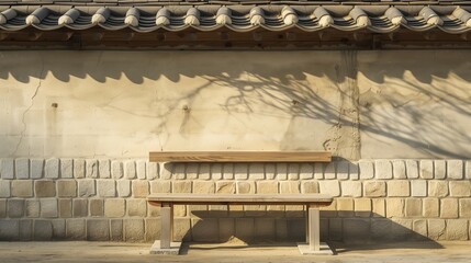 A street with traditional Korean building walls and benches. Generative AI