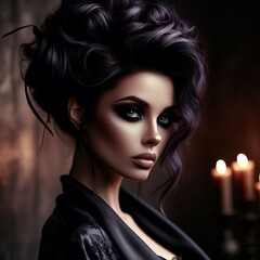 Fototapeta premium Stunning Woman with Dark Hair and Makeup in Studio Portrait