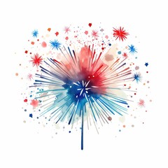 Fireworks in various colors and shape. United States Independence Day, watercolor illustration, Perfect for nursery art, simple clipart, single object, white color background. 