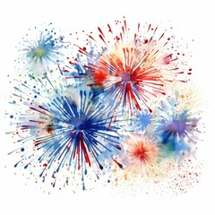 Fireworks in various colors and shape. United States Independence Day, watercolor illustration, Perfect for nursery art, simple clipart, single object, white color background. 