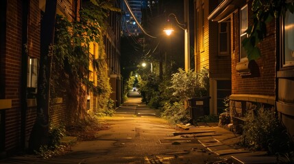 A quiet city side street at night, softly lit by street lamps, casts a serene, magical atmosphere.