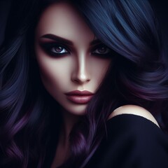 Beautiful woman with long dark hair and glamorous