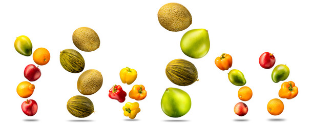 Group of fruits isolated on white background like mango. apple and orange