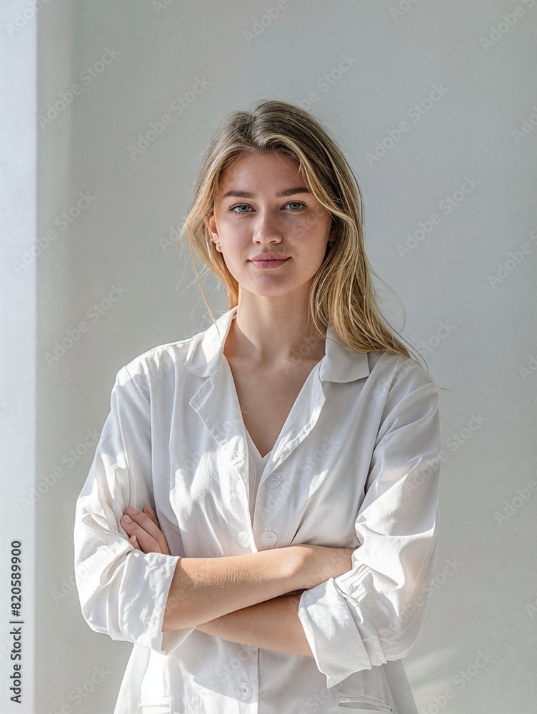 Wall mural Portrait of a young female doctor in a medical gown on a white background. Medical specialist in the clinic.