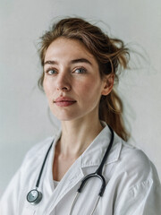 Portrait of a female doctor in a medical gown on a white background. Medical specialist in the clinic.