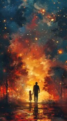 Fototapeta premium A father and daughter are walking in nature at a colorful starry night, very dreamy and dramatic illustration.