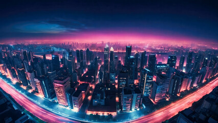 Futuristic city with skyscrapers and high-rise buildings, Spectacular nighttime in cyberpunk city of the futuristic fantasy world features skyscrapers and neon lights