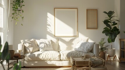 Obraz premium Living room wall poster and frame mockup serving as a conversation starter in a well-designed interior.