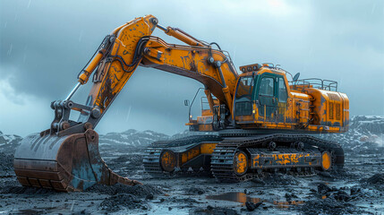 Excavator at work on a construction site. Backhoe digs a trench for laying sewer pipes