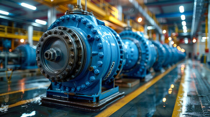 Obraz premium Blue industrial water pump with asynchronous electric motor on a dark background