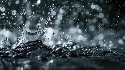 A close up of rain drops falling into a puddle, capturing the beauty of water and reflecting the natural landscape like grass and terrestrial plants AIG50