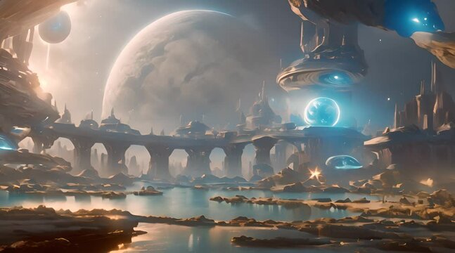 A spaceship in space near a planet and a UFO under a moonlit sky with clouds