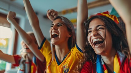 Excited Young Spanish Women Soccer Fans Watching European Tournament Match on TV, Expressing Joyful Celebration and Support