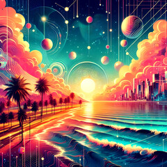 Obraz premium Sunset Reverie in a Techno Chic Wonderland Retro Futuristic Landscape Aglow