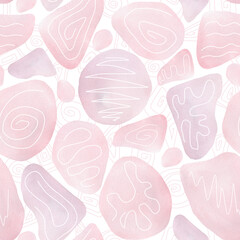 Seamless pattern, watercolor abstract spots in pastel shades with curved geometric shapes. Delicate color endless pattern for fabric, decoration, design, wrapping paper, hand-drawn.