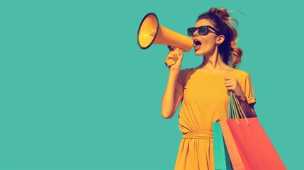 A stylish woman, with sunglasses and a yellow dress, energetically shouting through a megaphone while holding shopping bags. She is making a public announcement, emphasizing sales and promotions