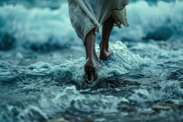 Jesus walking on water across the sea during a storm. Back view. Biblical theme. Religious concept.