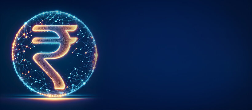 Abstract rupees coin icon or symbol on blue background with mockup place, Mobile banking and market concept. Business, finance and online banking concept. copy space