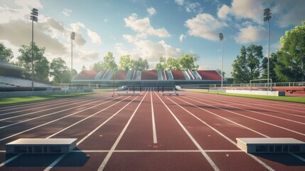 front view of an athletics stadium with a racetrack and starting blocks.
