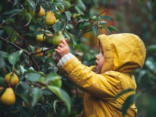 Harvesting Sweetness: A Child in a Yellow Coat Picks a Ripe Pear from a Lush Green Tree