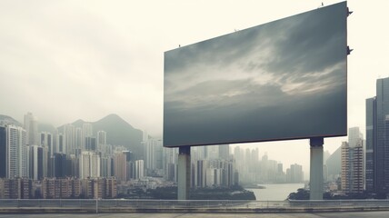 Urban billboard above an empty highway with overcast skies and modern cityscape in the background. A large blank billboard on the side of a highway. The rectangular billboard made of metal. AIG35.