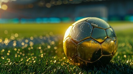 Golden soccer ball on the grass of a soccer stadium.