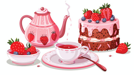 Sweet strawberry cake teapot tea cup. Birthday berry