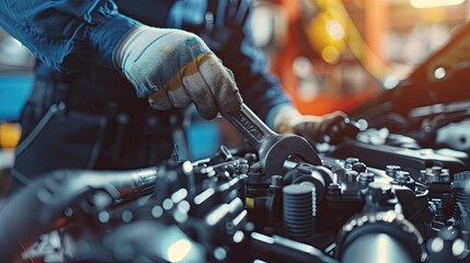 Auto mechanic working on car broken engine in mechanics service or garage