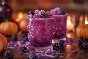 A velvety purple drink, suggesting a fusion of blueberries and blackberries. Floating chia seeds...