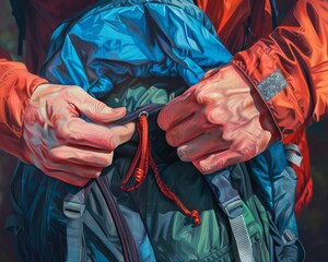 Closeup of hands packing a backpack, vibrant colors, photorealistic, high detail,