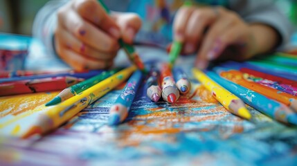Fototapeta premium Close-up of child's hands painting with colorful pencils on a vibrant canvas, showcasing creativity and artistic expression.