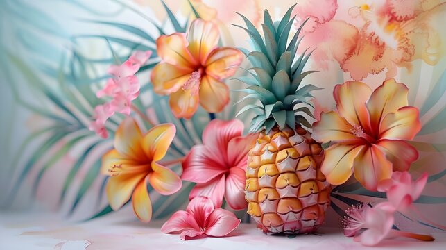Abstract modern pineapple hibiscus flower background. Summer event cocktail party invitation poster. Retro vintage style watercolor 3D digital artwork, tropical aesthetic landscape wallpaper banner.