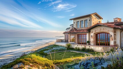 A coastal retreat with a charming beachfront facade and panoramic ocean views, its exterior shimmering in the sunlight against a backdrop of endless blue skies.