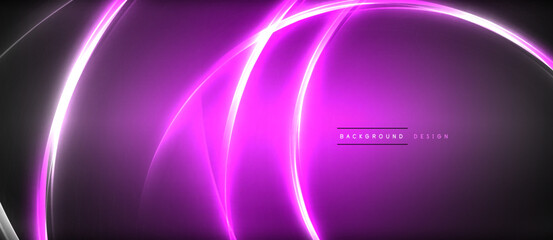 Neon glowing circle rays, light round lines in the dark, planet style neon wave lines. Energetic electric concept design for wallpaper, banner, background