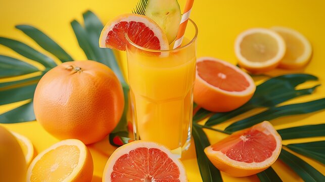 a glass of orange juice surrounded by sliced oranges and palm leaves on a yellow background