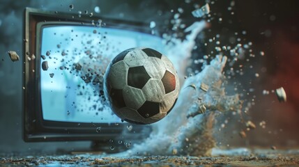 illustration of a soccer ball flying out of a TV screen. Created with Generative AI