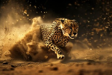 Front view of a cheetah or leopard running fast in the sandy desert. Dark background, intense gaze, full body shot. Wildlife photography concept.