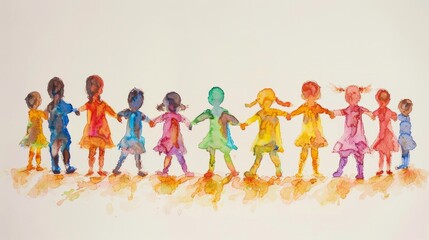 Colorful watercolor painting of children holding hands, symbolizing unity, diversity, and childhood joy in an artistic style.