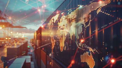 Digital world map superimposed on shipping containers, representing global trade, logistics, and technology integration at a busy port.